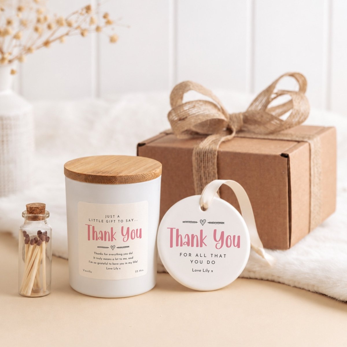 Thank You Candle and Hanging Ceramic Ornament; Appreciation Gift for Her, Ribboned Keepsake Box Set Present