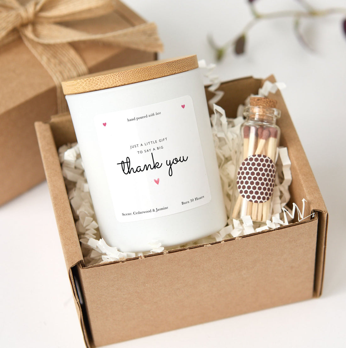 Thank You Candle Gift Box with Matches | Personalized Soy Wax Candle | Appreciation Gift for Teacher, Friend, Colleague, Wedding Favors