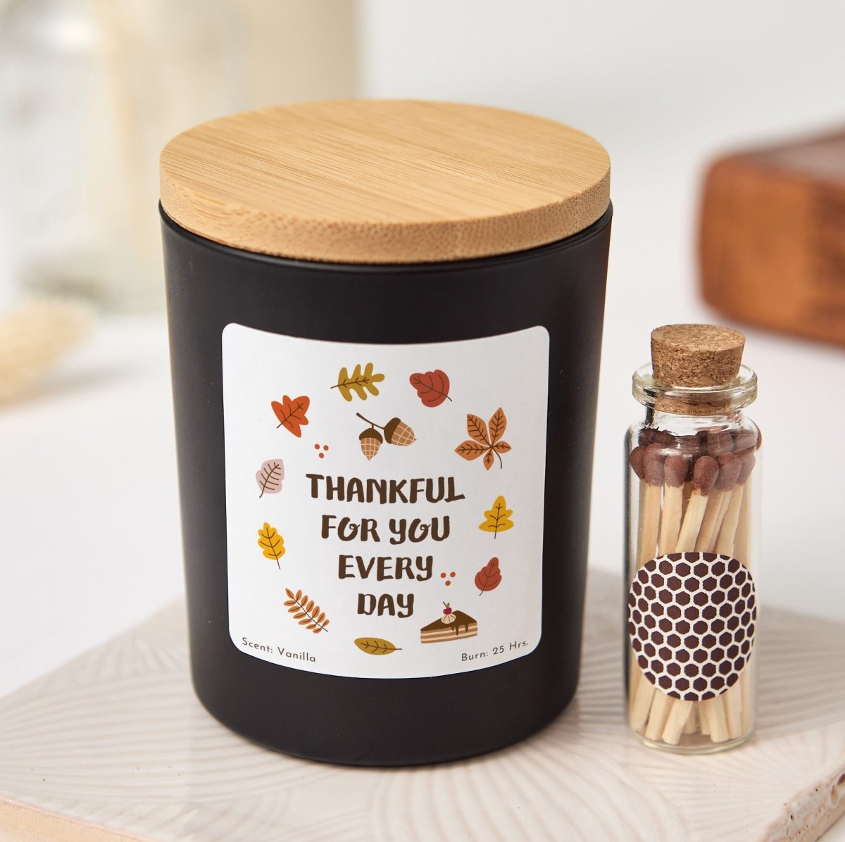 Thankful for You Every Day Candle; Appreciation Gift for Friends or Loved Ones; Autumn Leaf Label, Boxed Matches