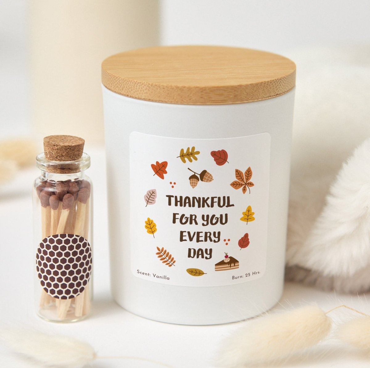Thankful for You Every Day Candle; Appreciation Gift for Friends or Loved Ones; Autumn Leaf Label, Boxed Matches