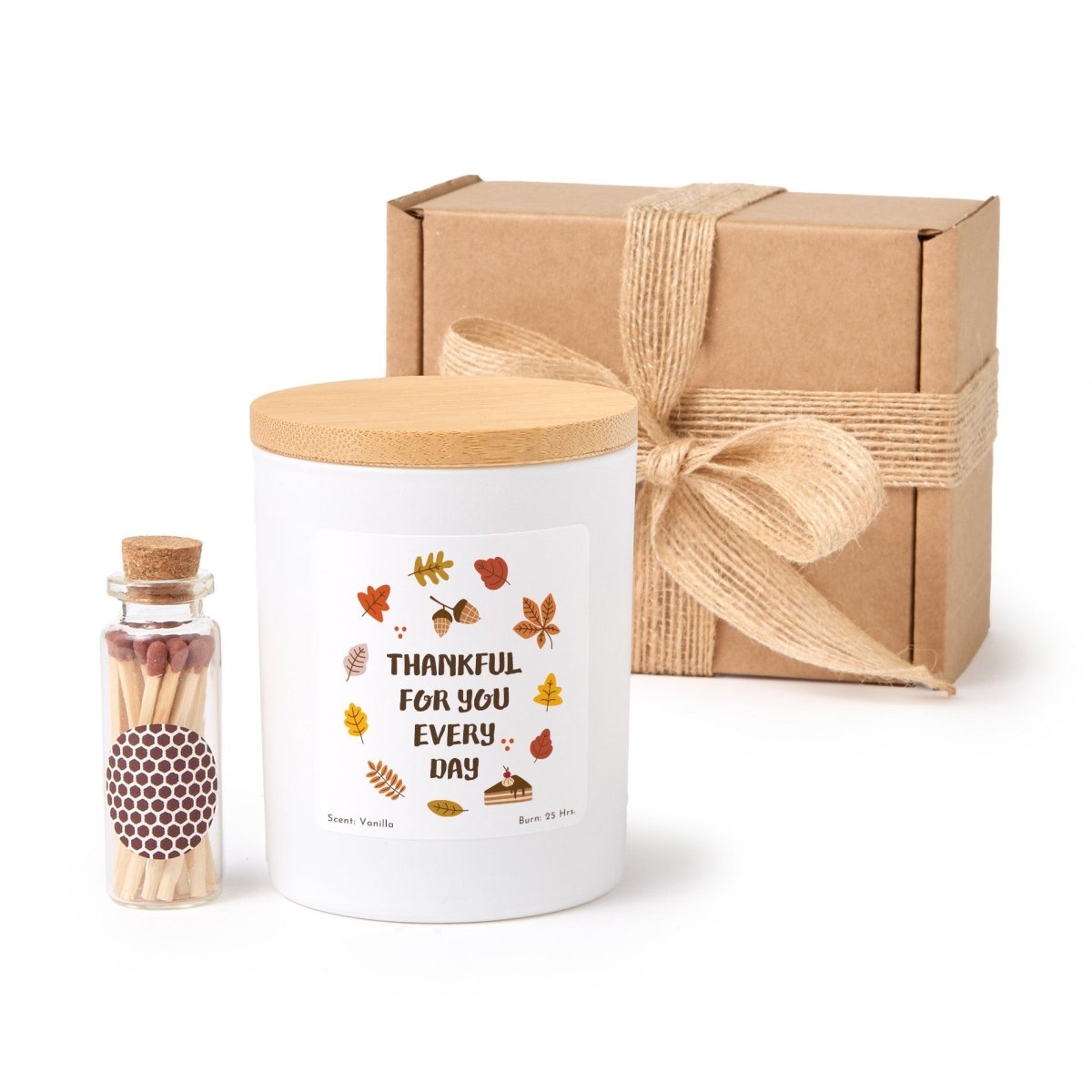 Thankful for You Every Day Candle; Appreciation Gift for Friends or Loved Ones; Autumn Leaf Label, Boxed Matches