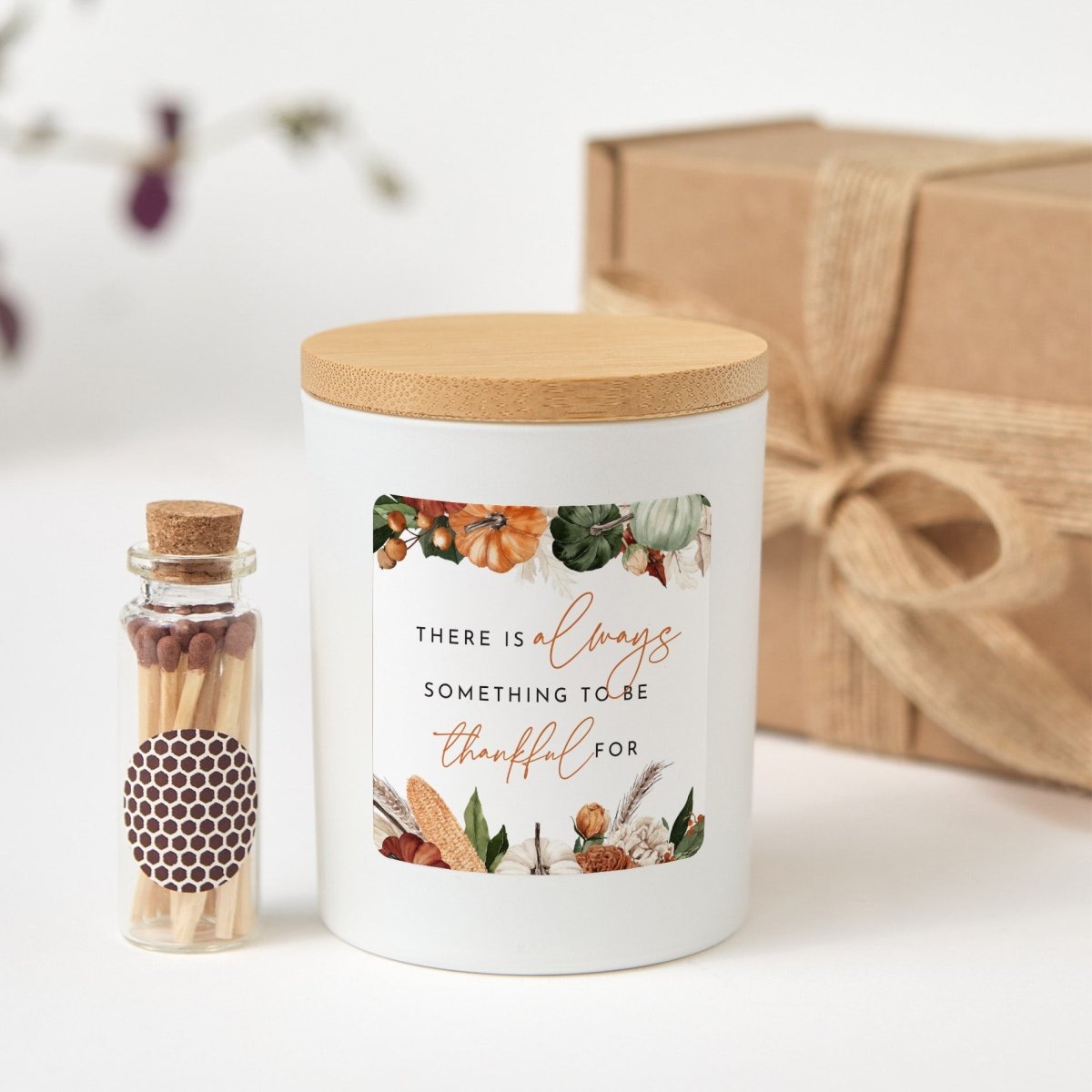 Thankful Quote Candle for Thanksgiving Hostess; Fall Appreciation Gift Box with Wooden Matches and Bamboo Lid