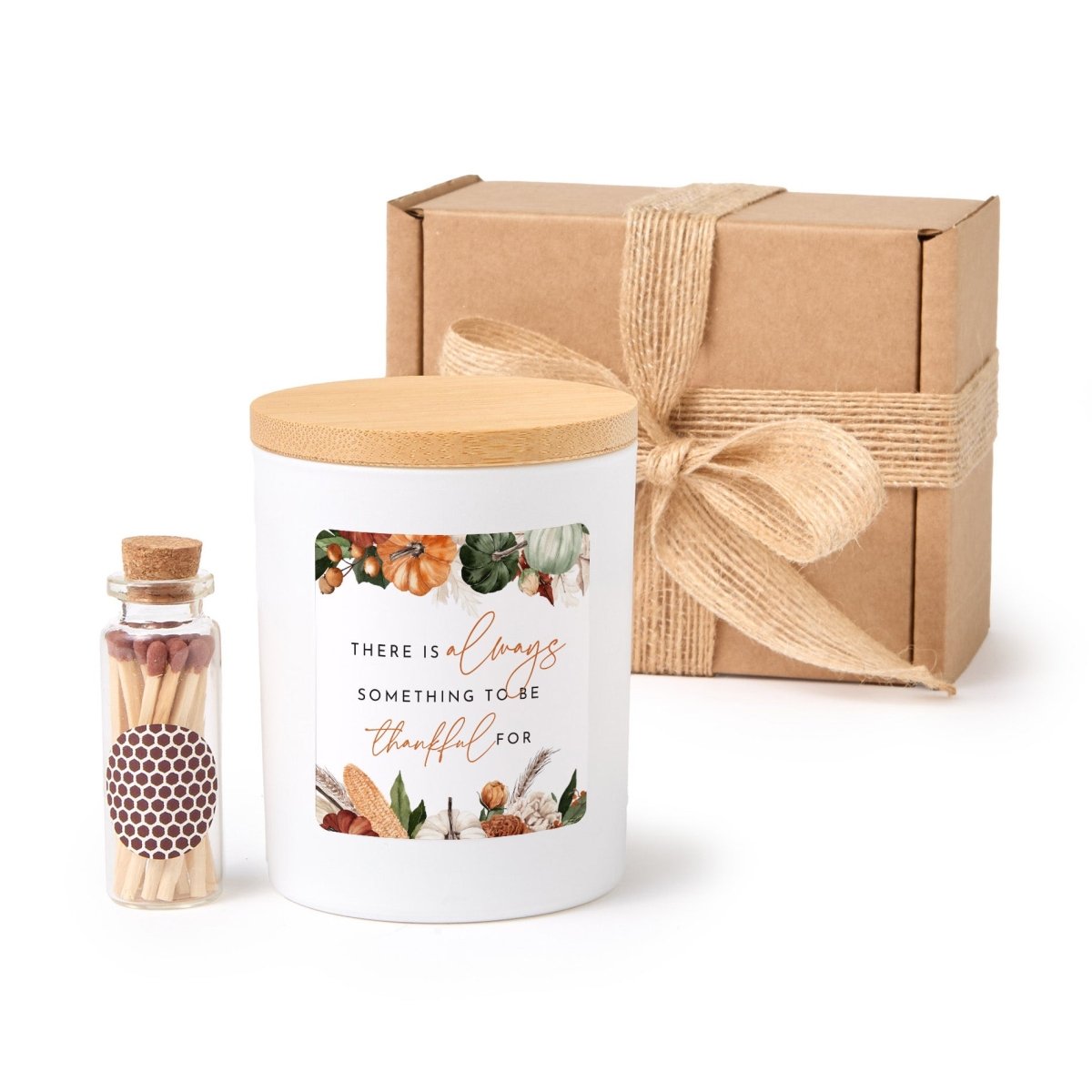 Thankful Quote Candle for Thanksgiving Hostess; Fall Appreciation Gift Box with Wooden Matches and Bamboo Lid