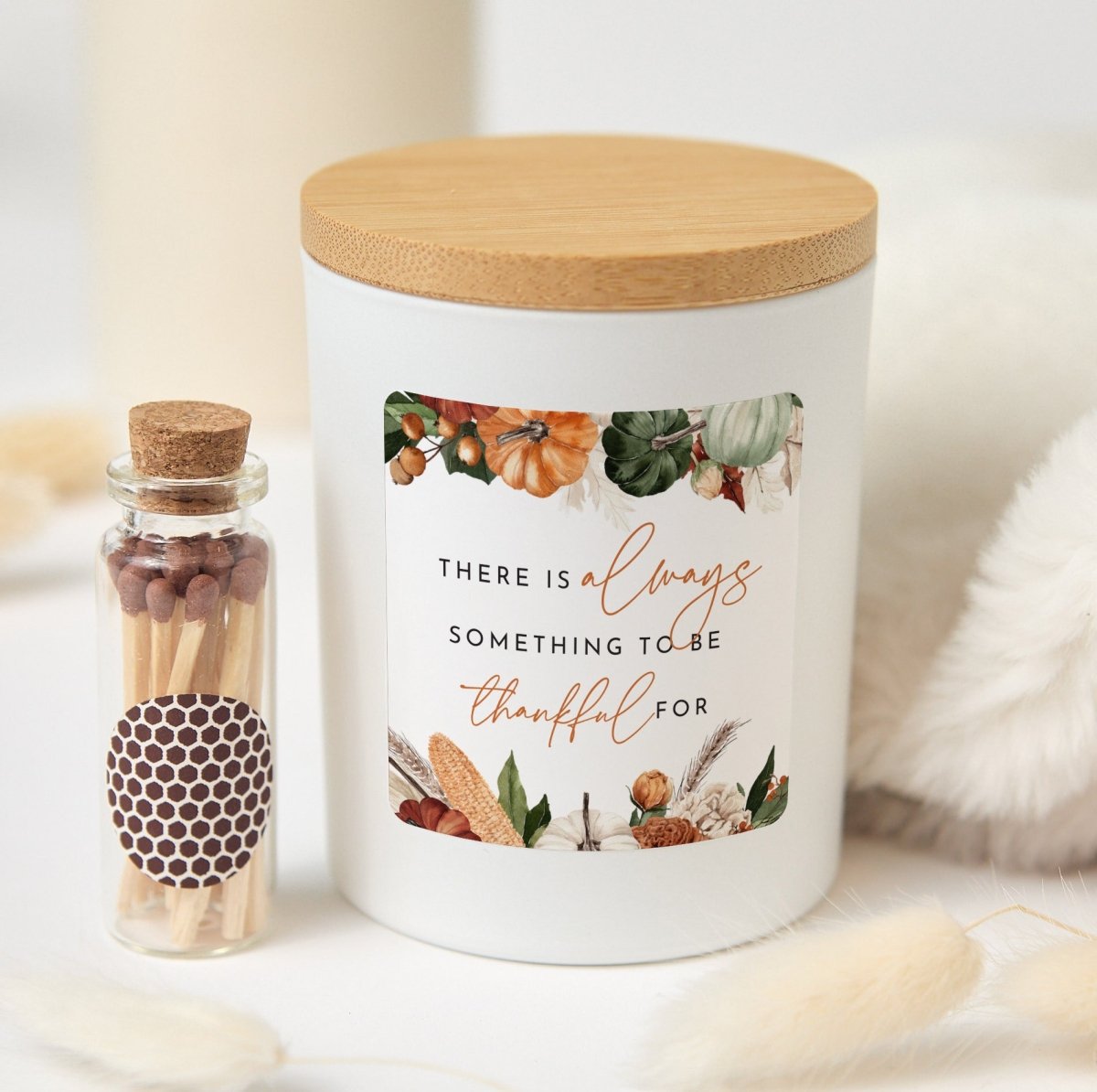 Thankful Quote Candle for Thanksgiving Hostess; Fall Appreciation Gift Box with Wooden Matches and Bamboo Lid