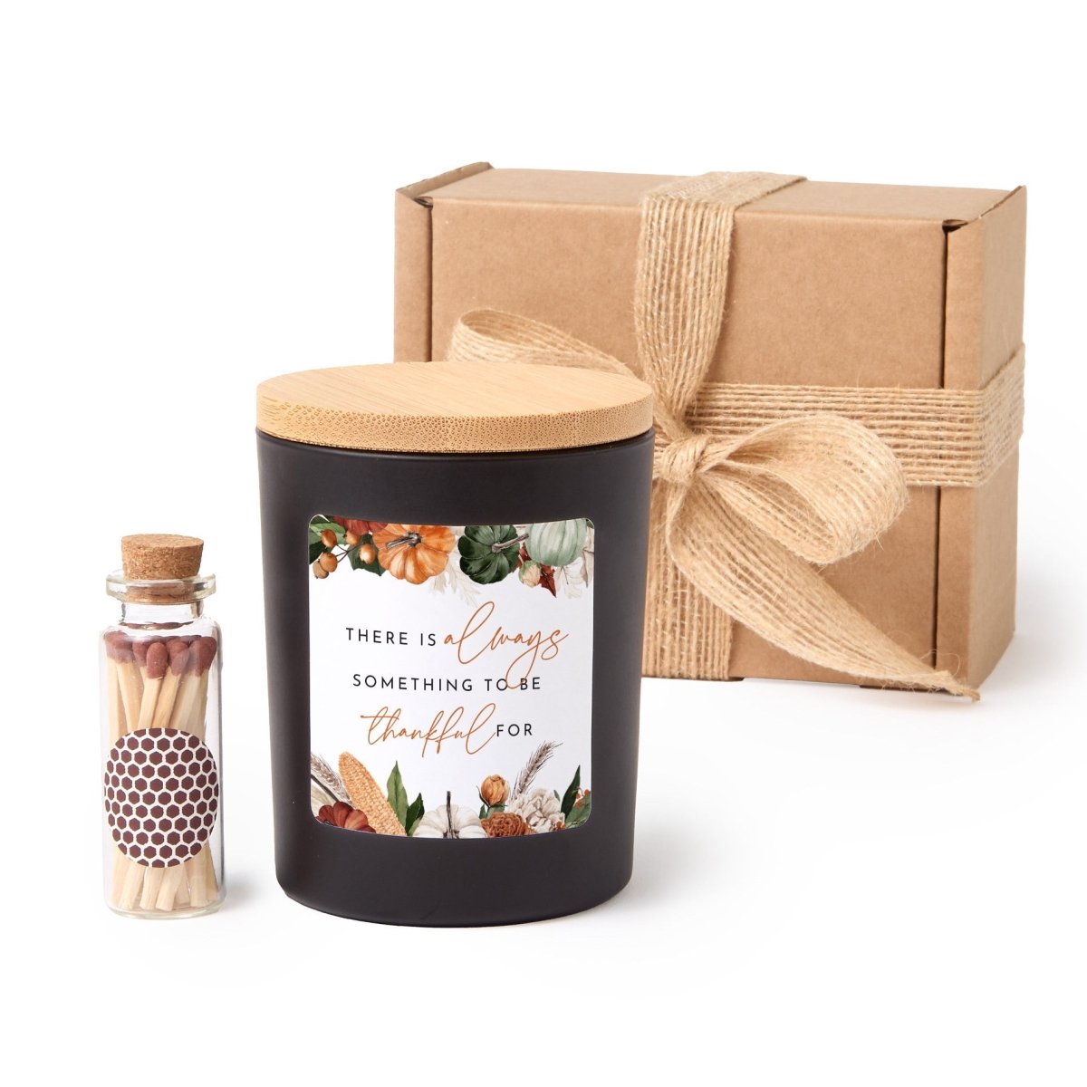 Thankful Quote Candle for Thanksgiving Hostess; Fall Appreciation Gift Box with Wooden Matches and Bamboo Lid