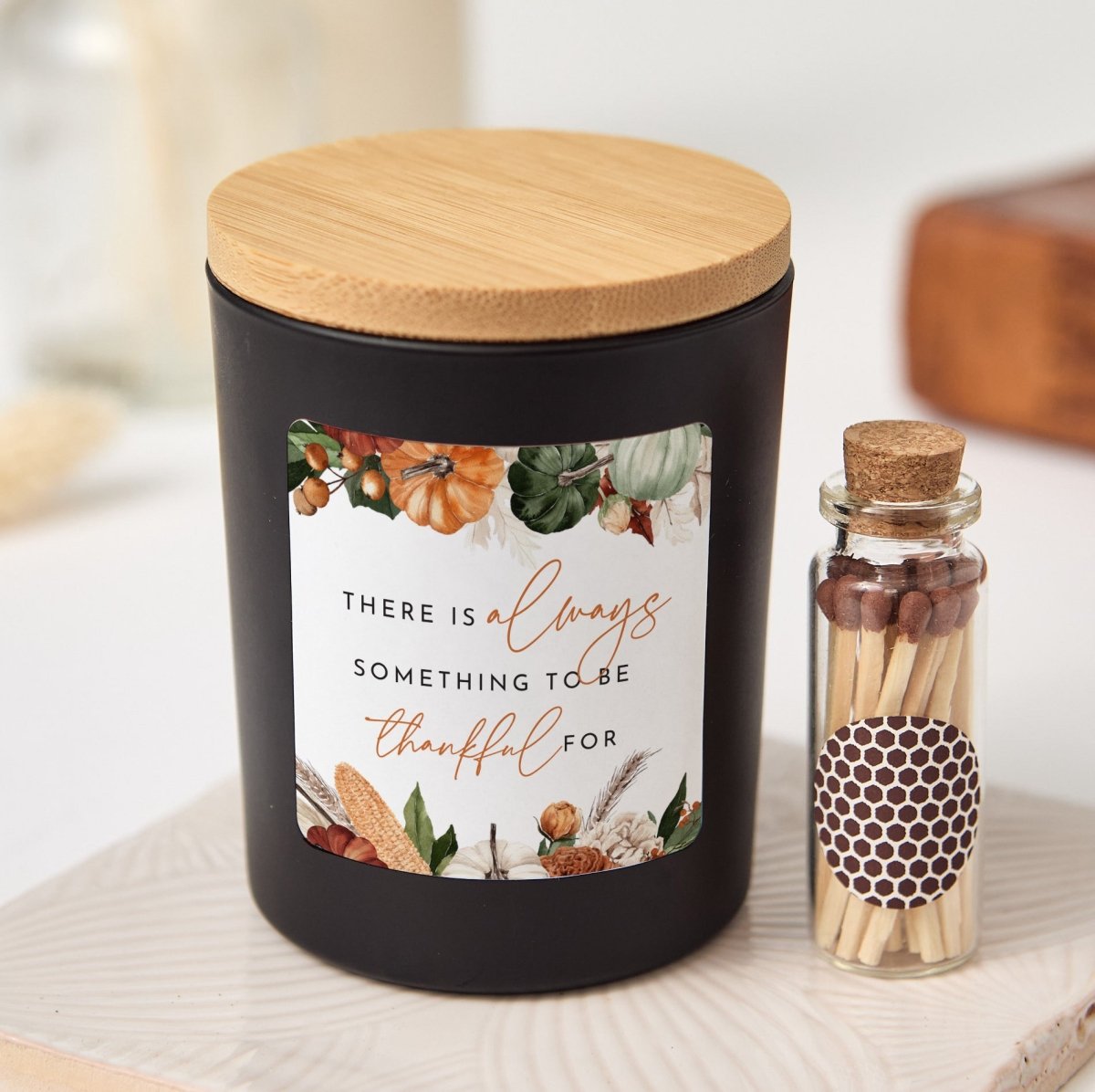 Thankful Quote Candle for Thanksgiving Hostess; Fall Appreciation Gift Box with Wooden Matches and Bamboo Lid
