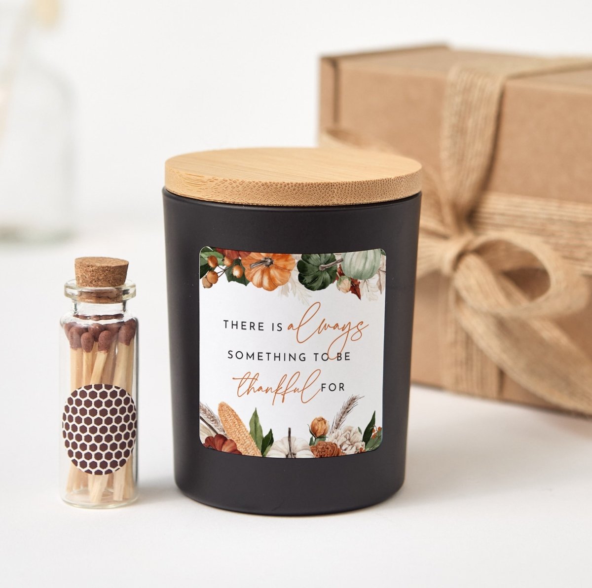 Thankful Quote Candle for Thanksgiving Hostess; Fall Appreciation Gift Box with Wooden Matches and Bamboo Lid