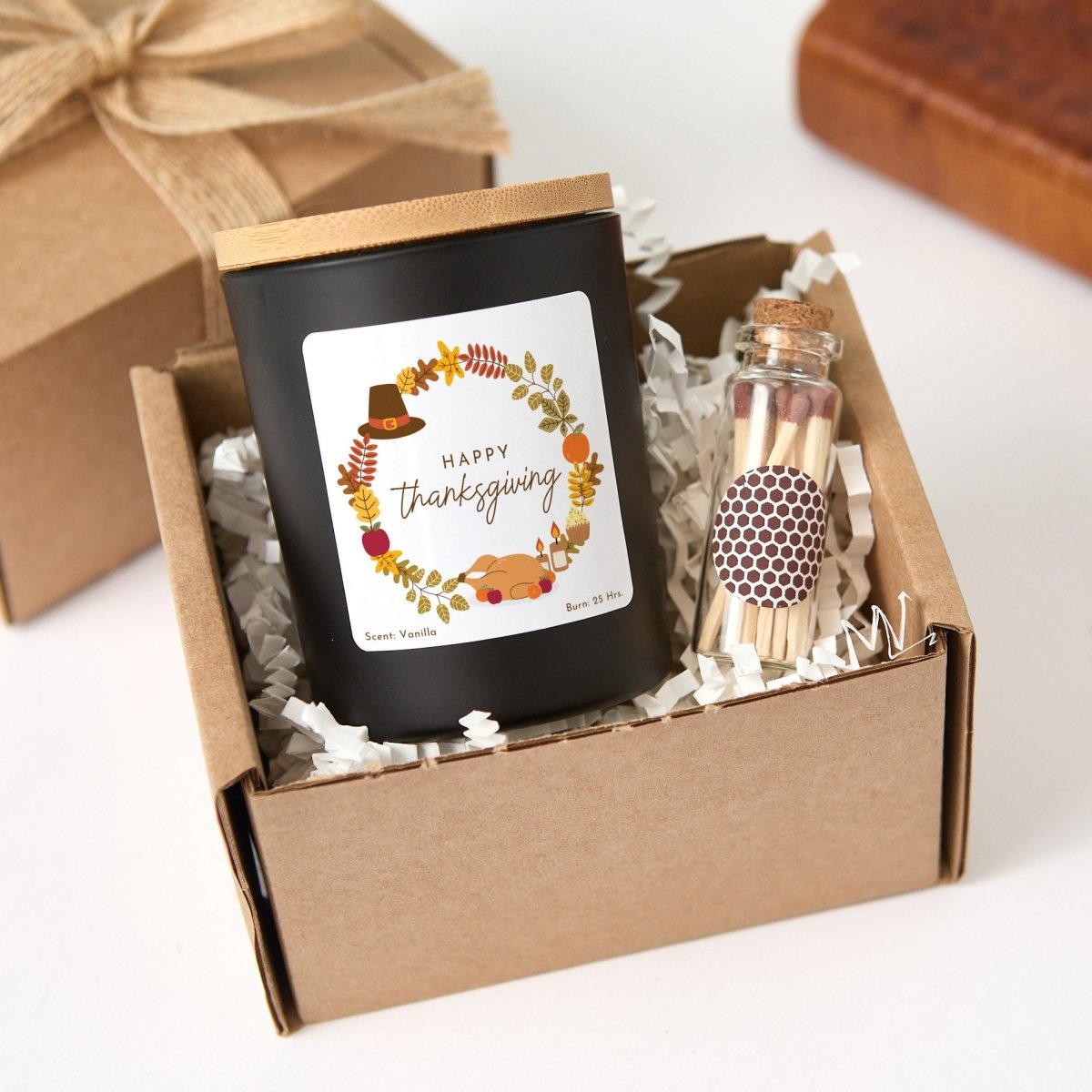 Thanksgiving Candle Gift for Hostess; Happy Thanksgiving Fall Harvest Label, Rustic Gift Box with Mini Matches