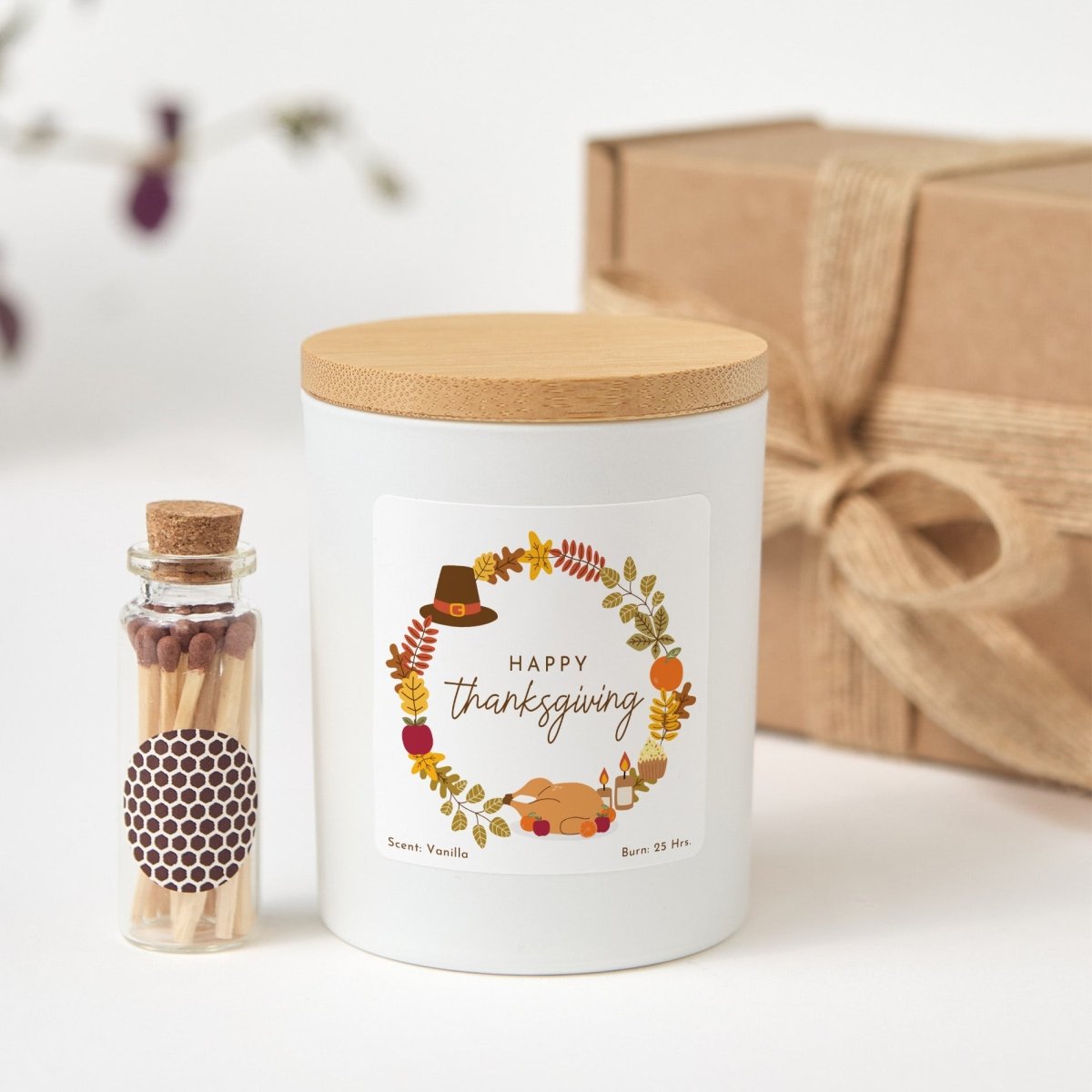 Thanksgiving Candle Gift for Hostess; Happy Thanksgiving Fall Harvest Label, Rustic Gift Box with Mini Matches