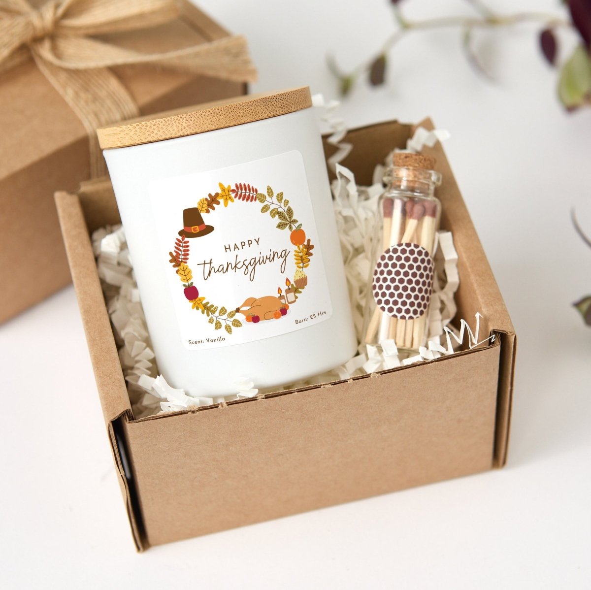 Thanksgiving Candle Gift for Hostess; Happy Thanksgiving Fall Harvest Label, Rustic Gift Box with Mini Matches