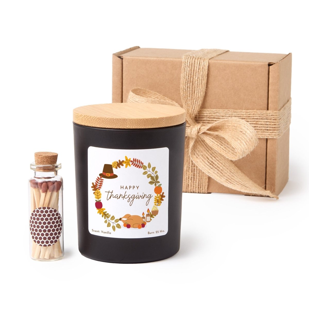 Thanksgiving Candle Gift for Hostess; Happy Thanksgiving Fall Harvest Label, Rustic Gift Box with Mini Matches