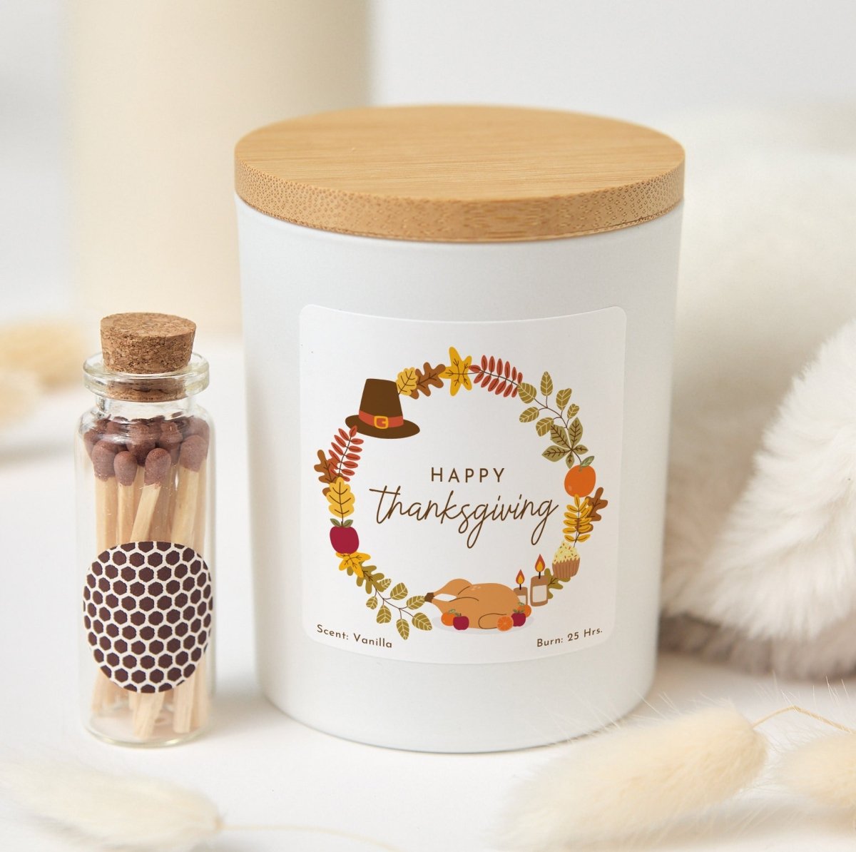 Thanksgiving Candle Gift for Hostess; Happy Thanksgiving Fall Harvest Label, Rustic Gift Box with Mini Matches