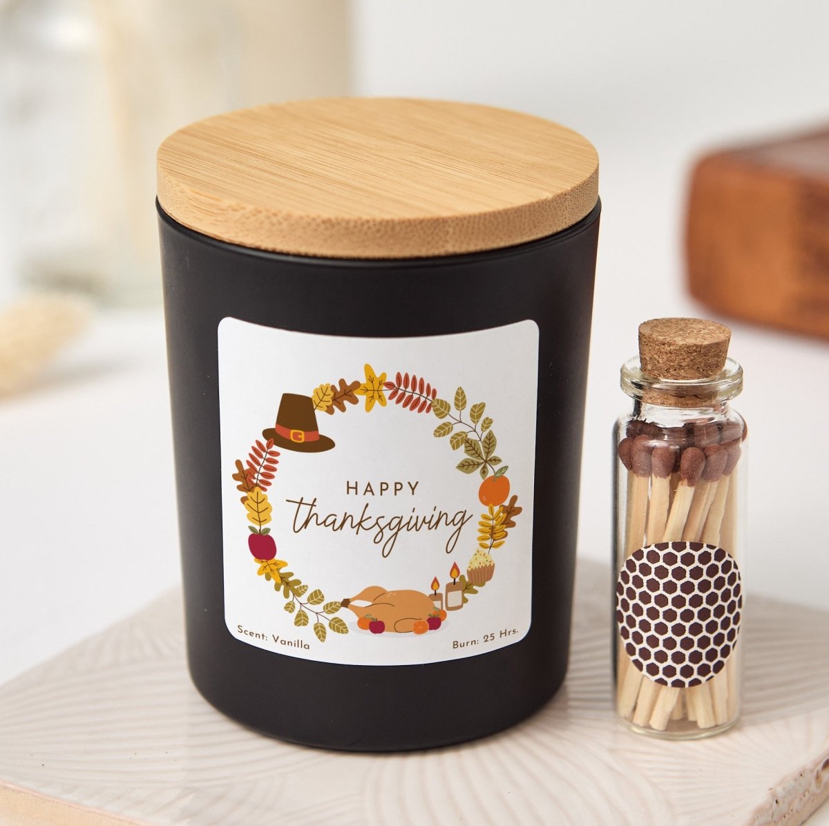 Thanksgiving Candle Gift for Hostess; Happy Thanksgiving Fall Harvest Label, Rustic Gift Box with Mini Matches