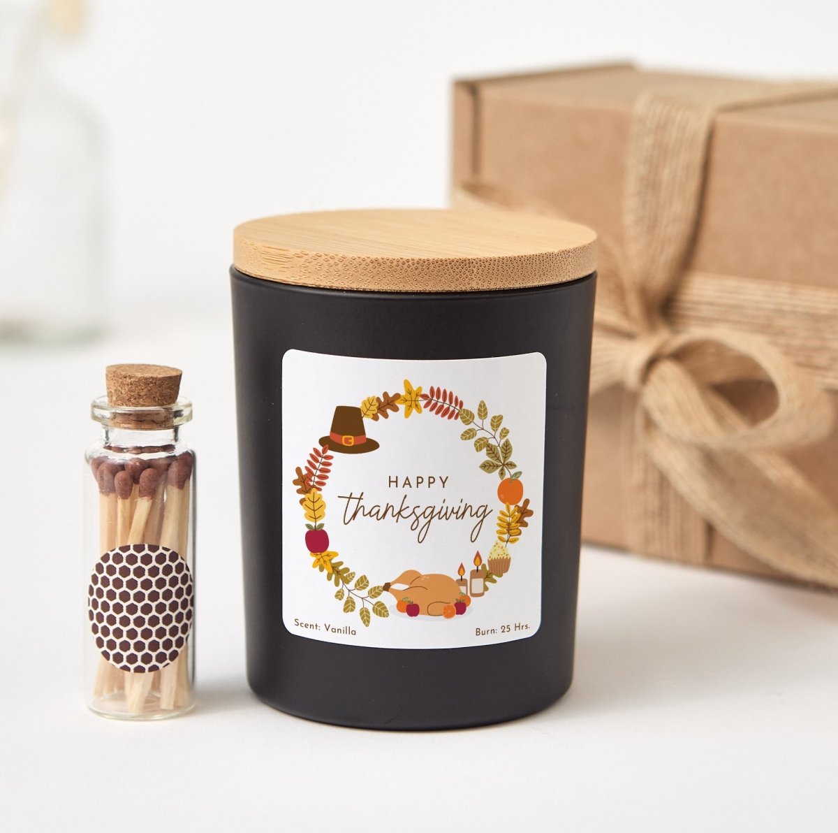 Thanksgiving Candle Gift for Hostess; Happy Thanksgiving Fall Harvest Label, Rustic Gift Box with Mini Matches