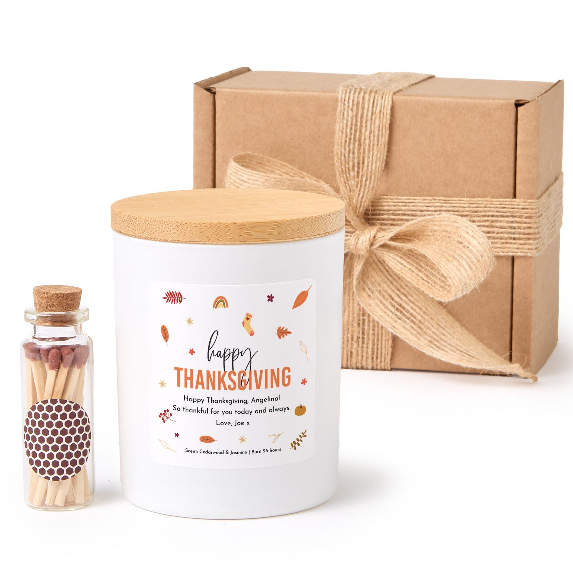 Thanksgiving Candle Gift | Personalized Soy Wax Candle with Matches | Festive Autumn Gift Box Candle