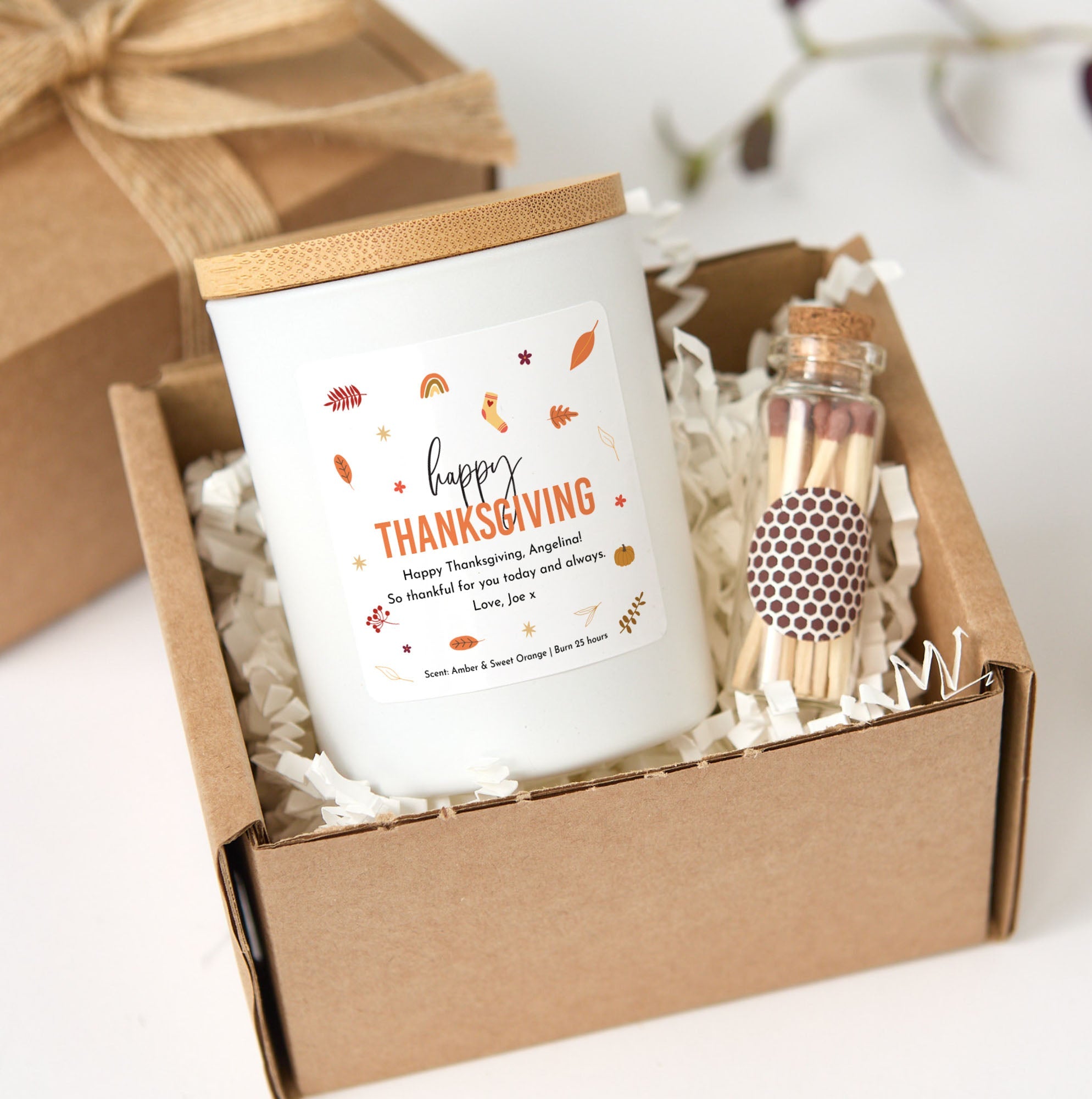 Thanksgiving Candle Gift | Personalized Soy Wax Candle with Matches | Festive Autumn Gift Box Candle
