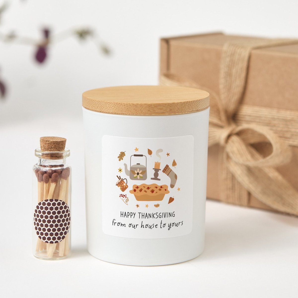 Thanksgiving Candle, Happy Thanksgiving From Our House to Yours, Hostess Gift with Gift Box and Matches