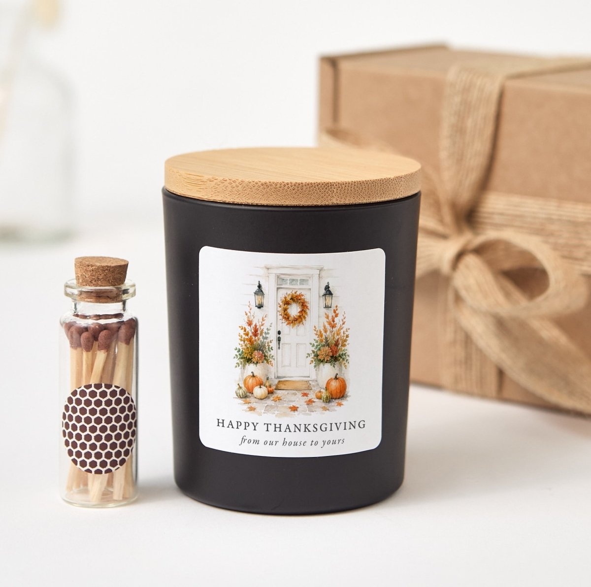Thanksgiving Candle, Happy Thanksgiving From Our House to Yours Hostess Gift with Rustic Gift Box and Matches