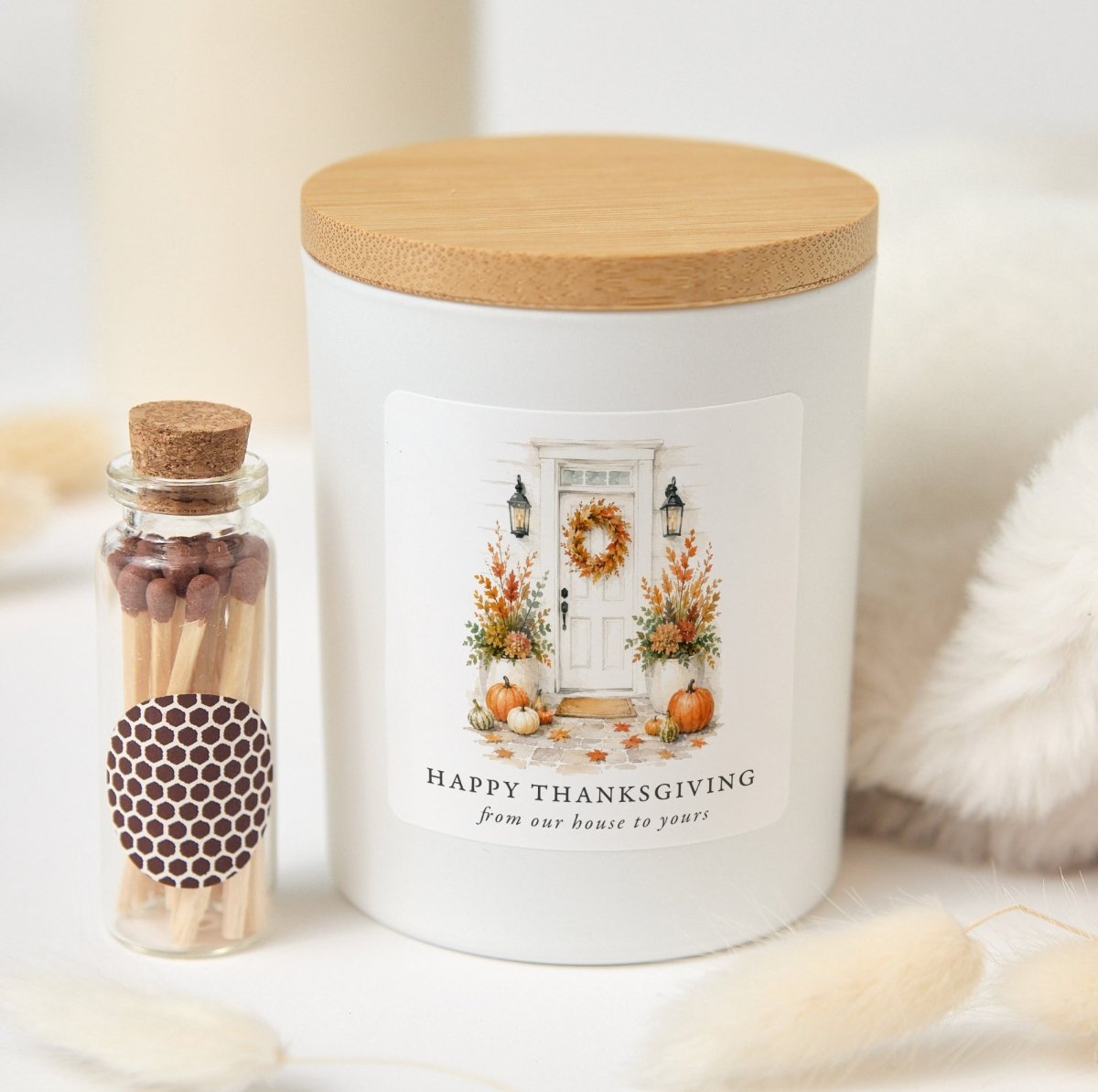 Thanksgiving Candle, Happy Thanksgiving From Our House to Yours Hostess Gift with Rustic Gift Box and Matches