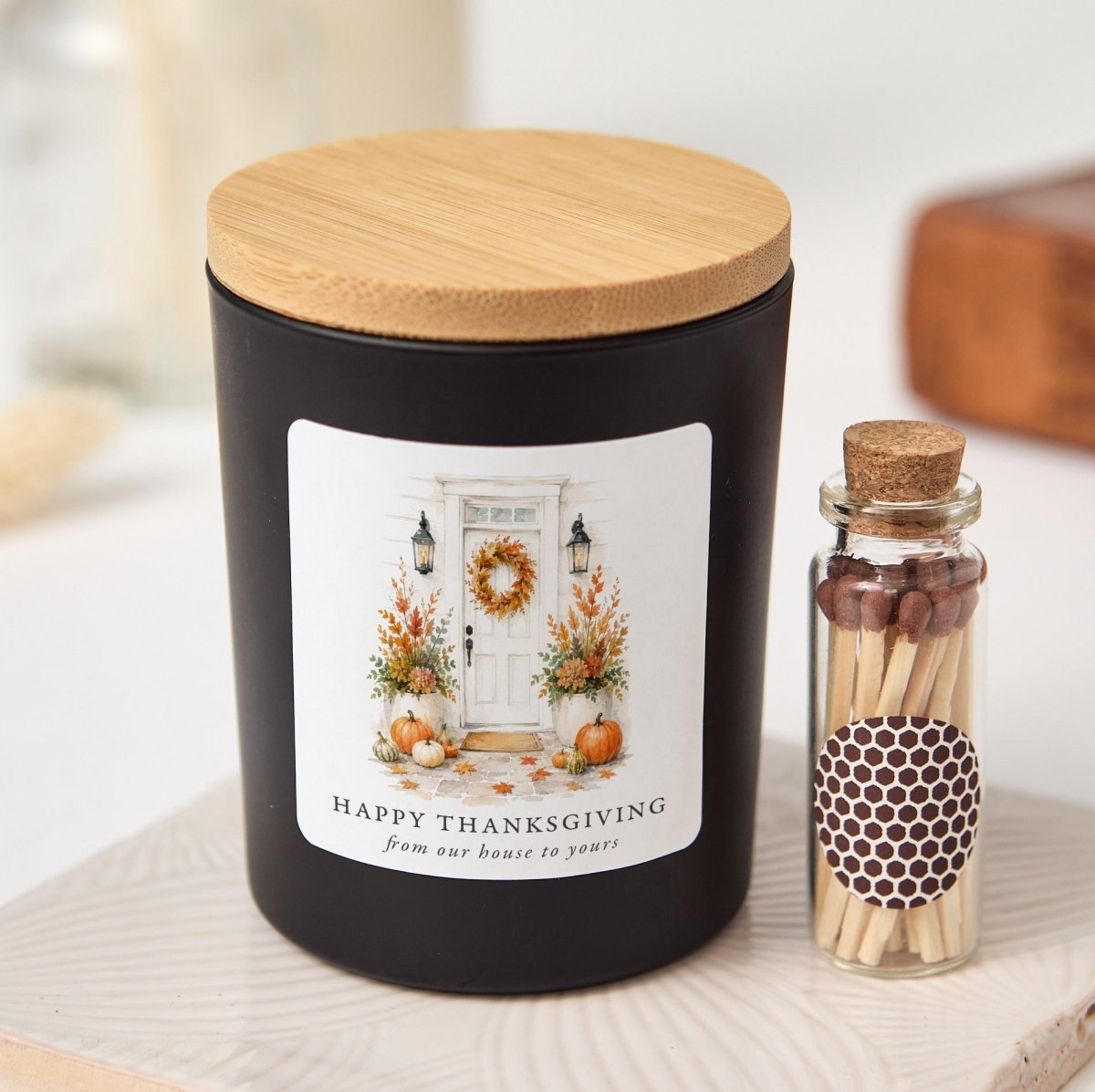 Thanksgiving Candle, Happy Thanksgiving From Our House to Yours Hostess Gift with Rustic Gift Box and Matches
