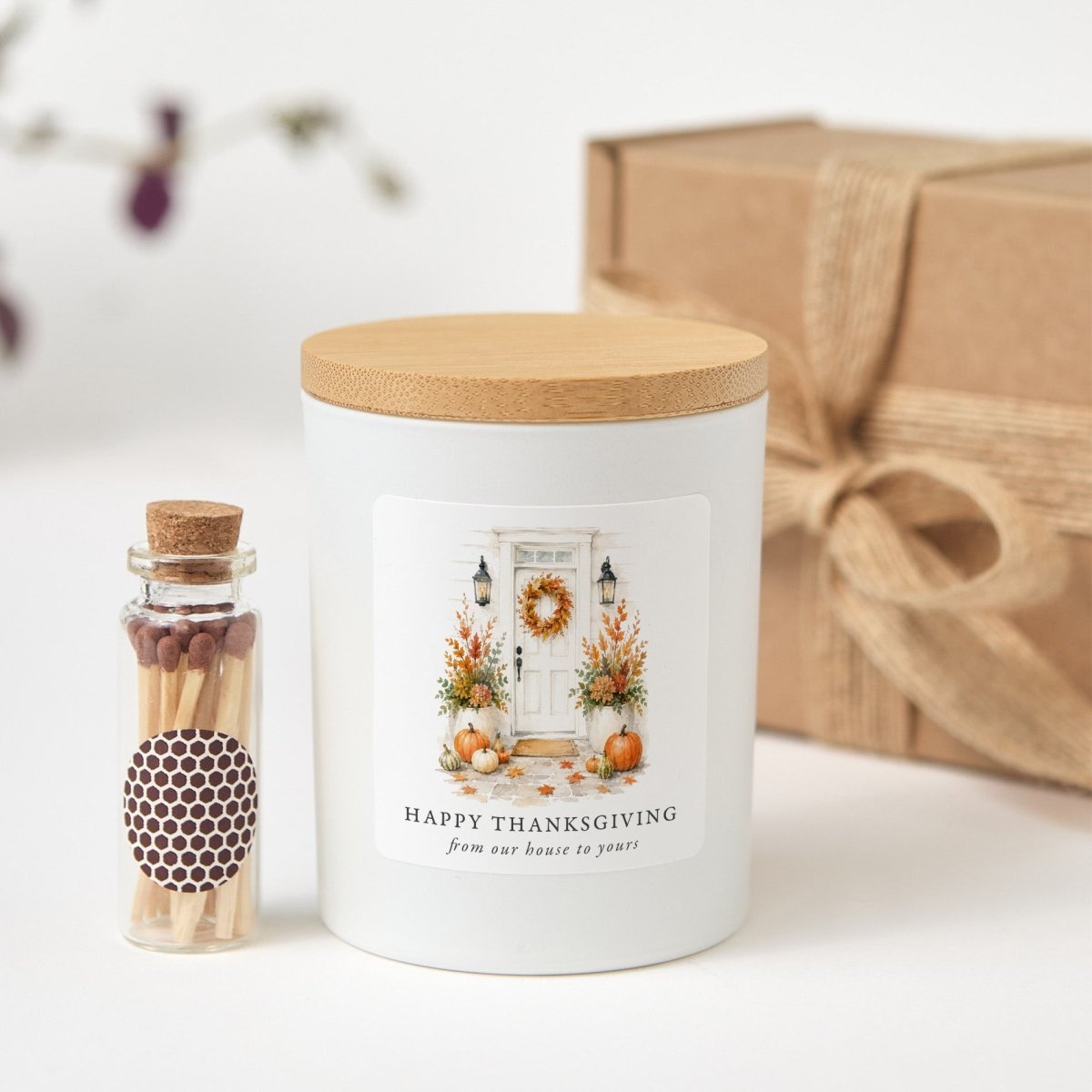 Thanksgiving Candle, Happy Thanksgiving From Our House to Yours Hostess Gift with Rustic Gift Box and Matches