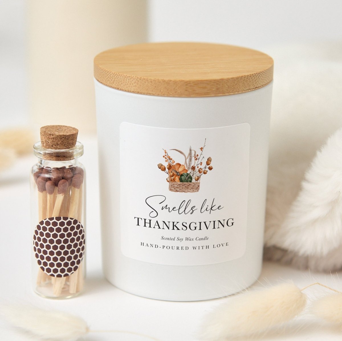 Thanksgiving Candle, Smells Like Thanksgiving Autumn Hostess Gift with Rustic Gift Box, Wooden Matches and Bamboo Lid