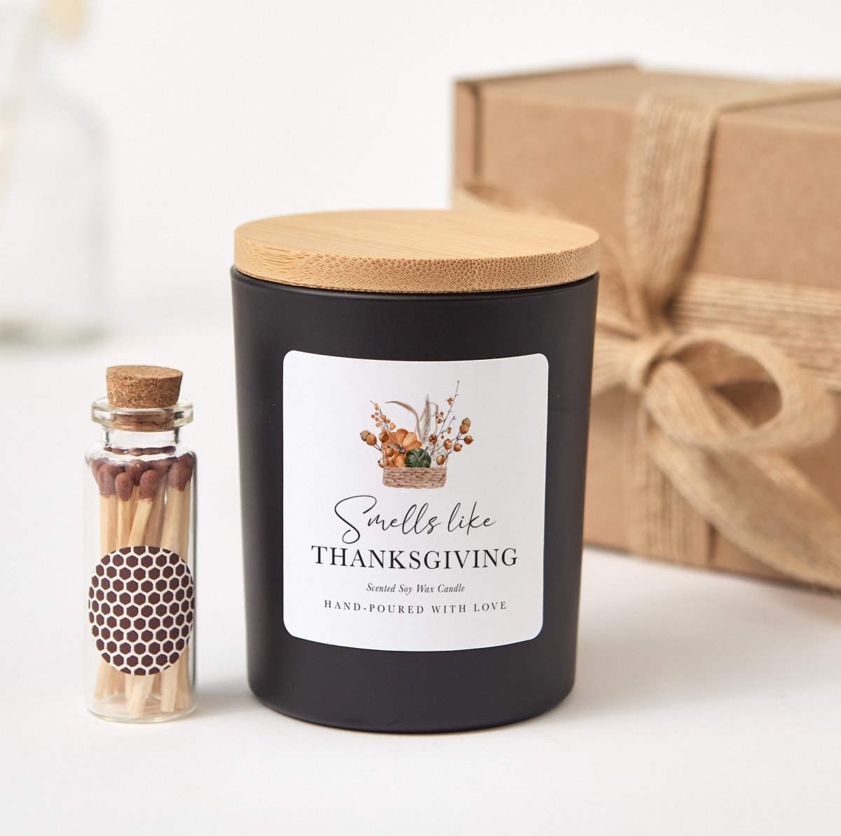 Thanksgiving Candle, Smells Like Thanksgiving Autumn Hostess Gift with Rustic Gift Box, Wooden Matches and Bamboo Lid