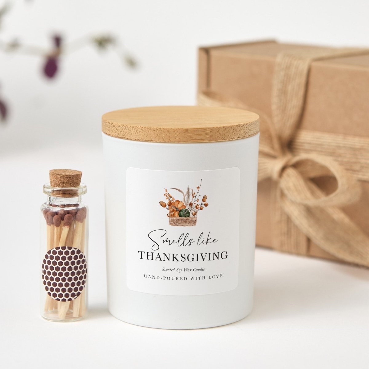 Thanksgiving Candle, Smells Like Thanksgiving Autumn Hostess Gift with Rustic Gift Box, Wooden Matches and Bamboo Lid