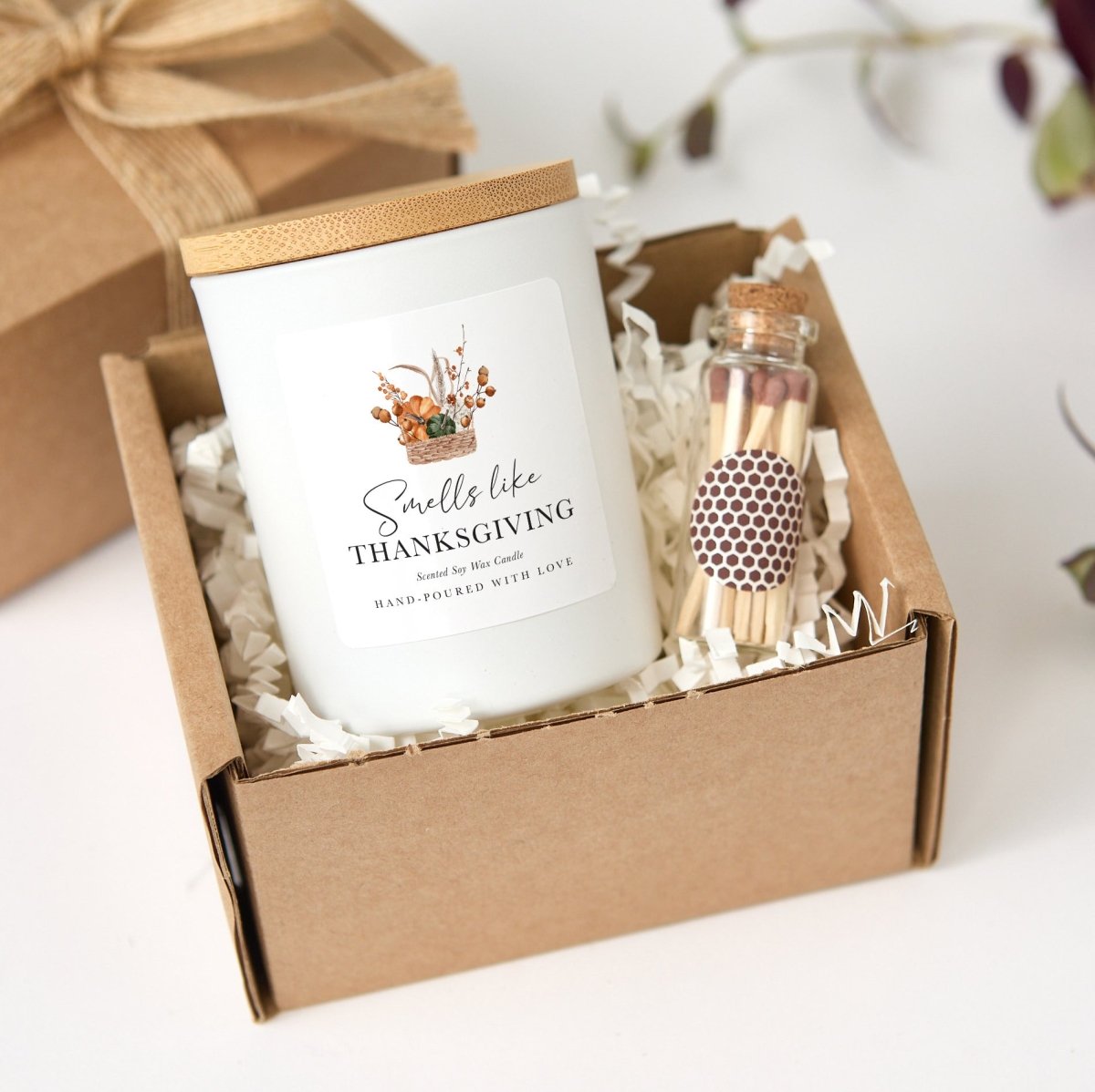 Thanksgiving Candle, Smells Like Thanksgiving Autumn Hostess Gift with Rustic Gift Box, Wooden Matches and Bamboo Lid