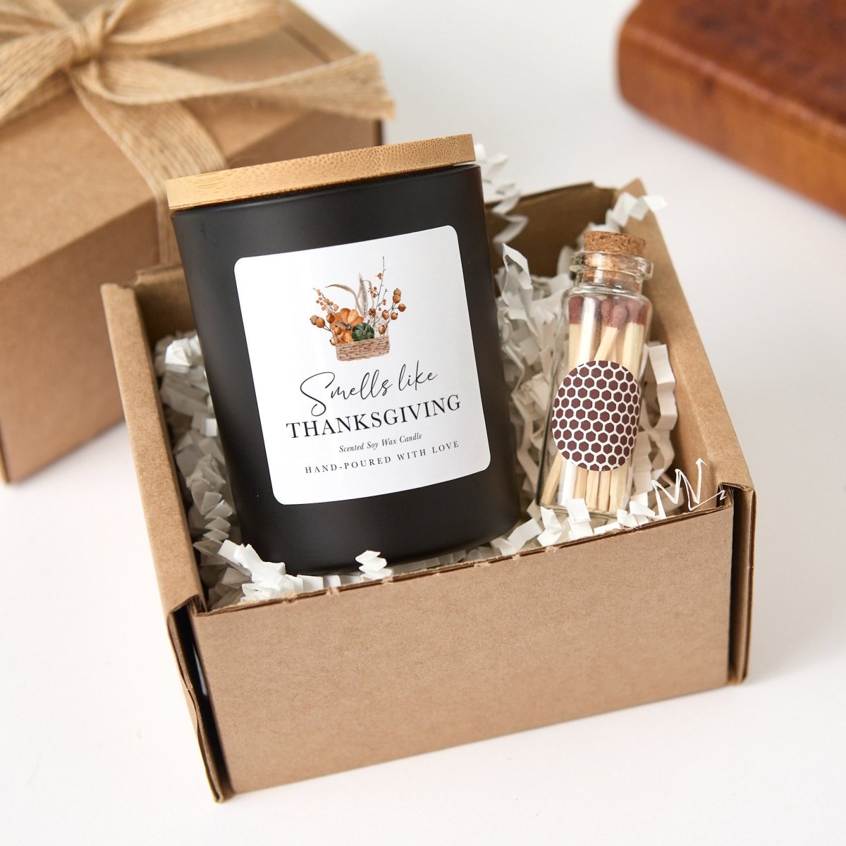 Thanksgiving Candle, Smells Like Thanksgiving Autumn Hostess Gift with Rustic Gift Box, Wooden Matches and Bamboo Lid