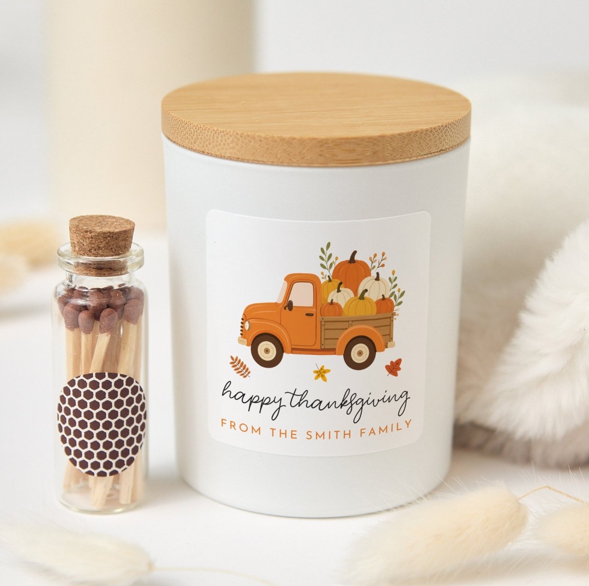 Thanksgiving Soy Candle, Pumpkin Truck Hostess Gift with Family Greeting, Gift Box, Wooden Matches and Rustic Ribbon
