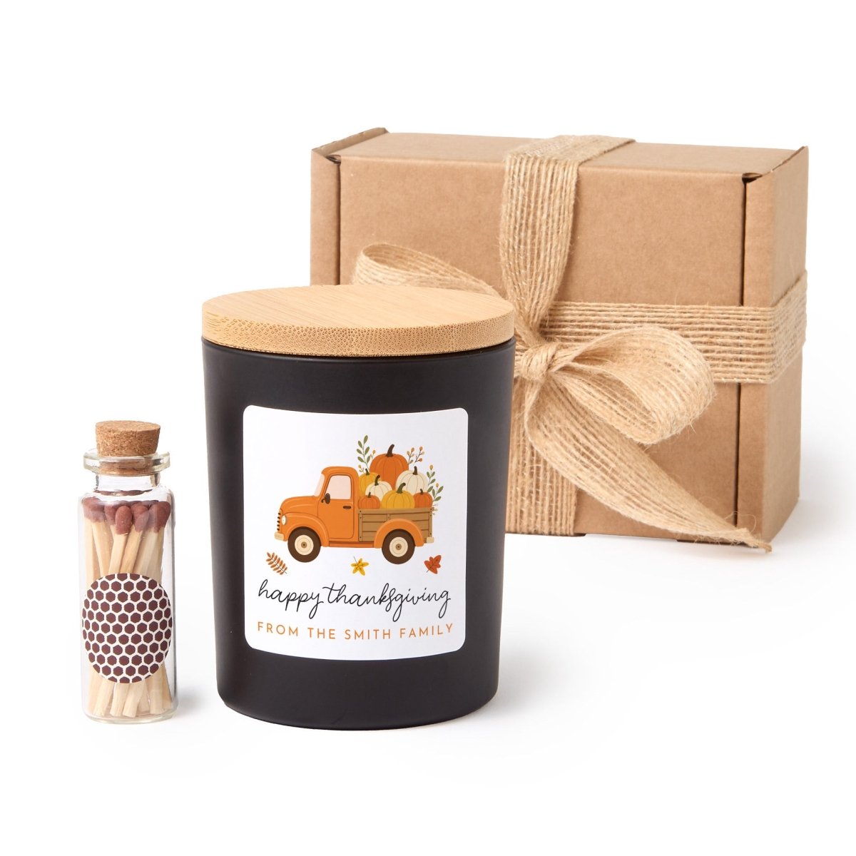 Thanksgiving Soy Candle, Pumpkin Truck Hostess Gift with Family Greeting, Gift Box, Wooden Matches and Rustic Ribbon