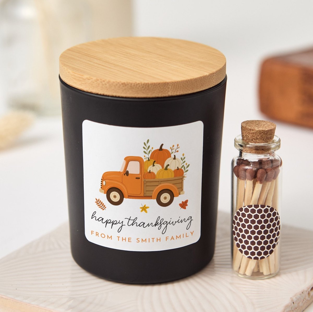 Thanksgiving Soy Candle, Pumpkin Truck Hostess Gift with Family Greeting, Gift Box, Wooden Matches and Rustic Ribbon