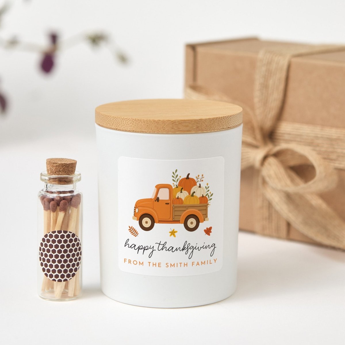 Thanksgiving Soy Candle, Pumpkin Truck Hostess Gift with Family Greeting, Gift Box, Wooden Matches and Rustic Ribbon
