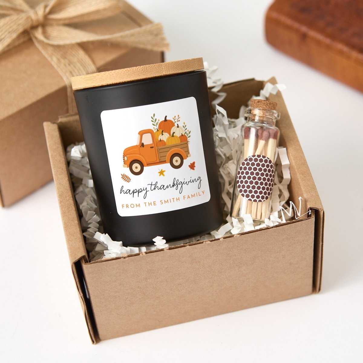 Thanksgiving Soy Candle, Pumpkin Truck Hostess Gift with Family Greeting, Gift Box, Wooden Matches and Rustic Ribbon
