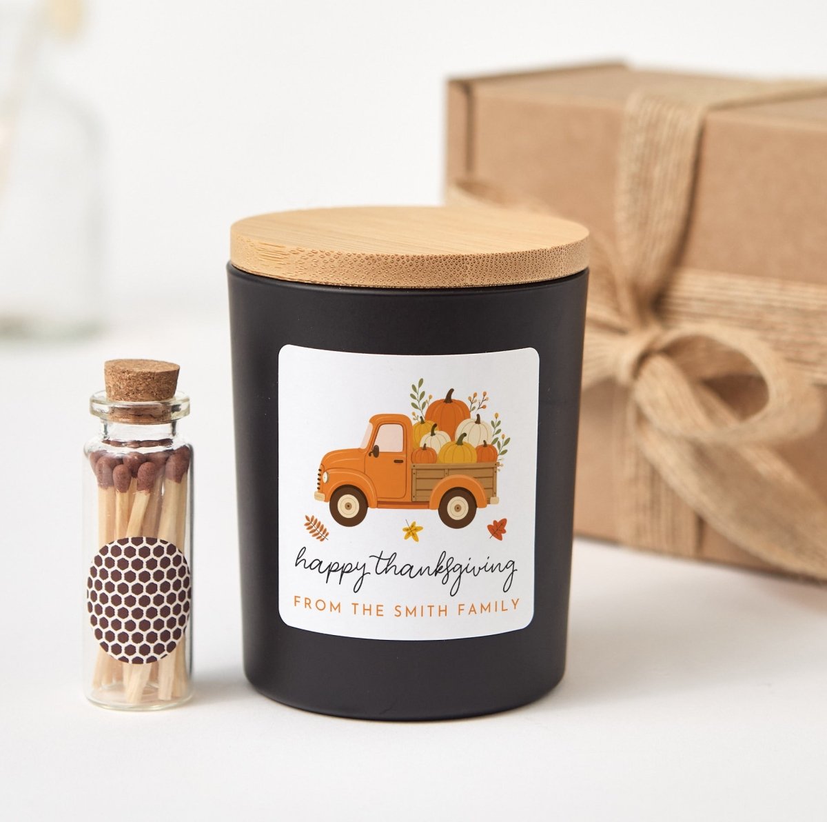 Thanksgiving Soy Candle, Pumpkin Truck Hostess Gift with Family Greeting, Gift Box, Wooden Matches and Rustic Ribbon