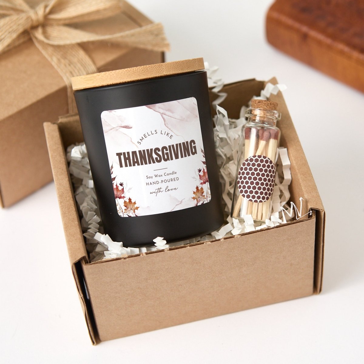 Thanksgiving Soy Wax Candle, “Smells Like Thanksgiving” Fall Hostess Gift with Gift Box and Wooden Matches