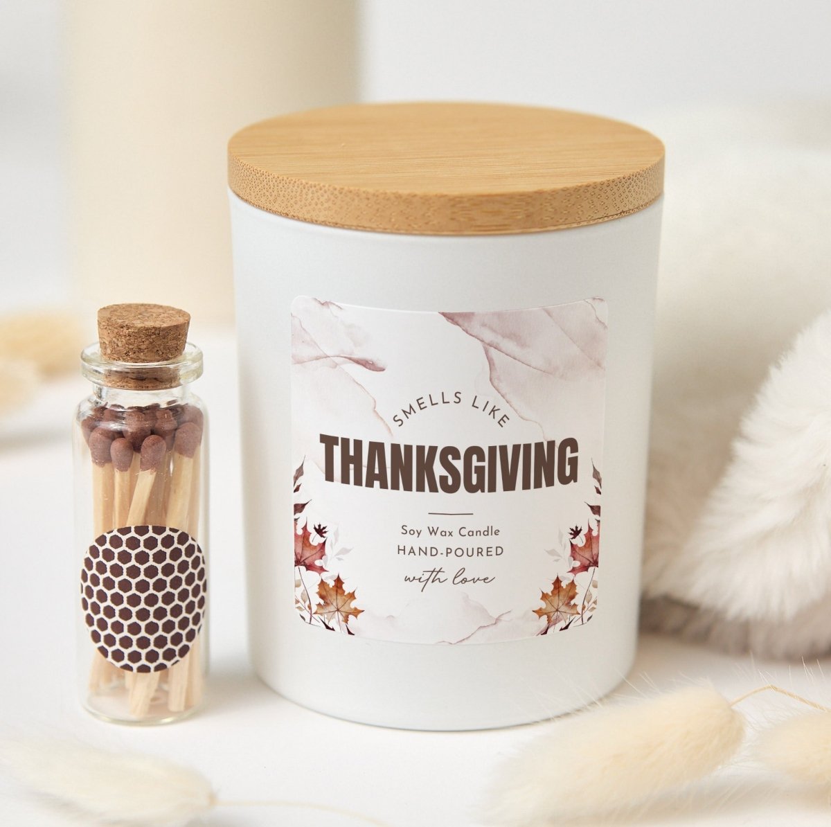 Thanksgiving Soy Wax Candle, “Smells Like Thanksgiving” Fall Hostess Gift with Gift Box and Wooden Matches