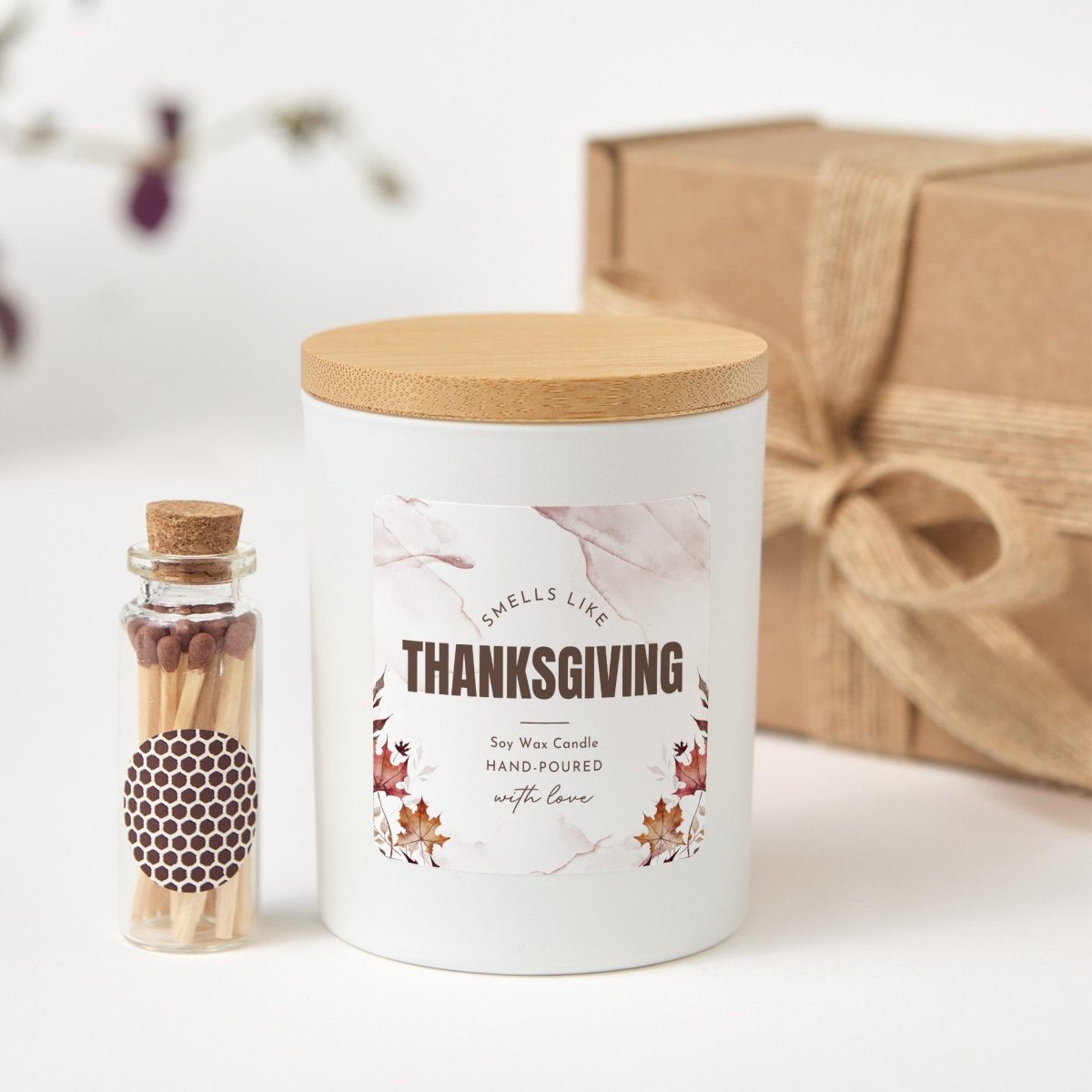 Thanksgiving Soy Wax Candle, “Smells Like Thanksgiving” Fall Hostess Gift with Gift Box and Wooden Matches