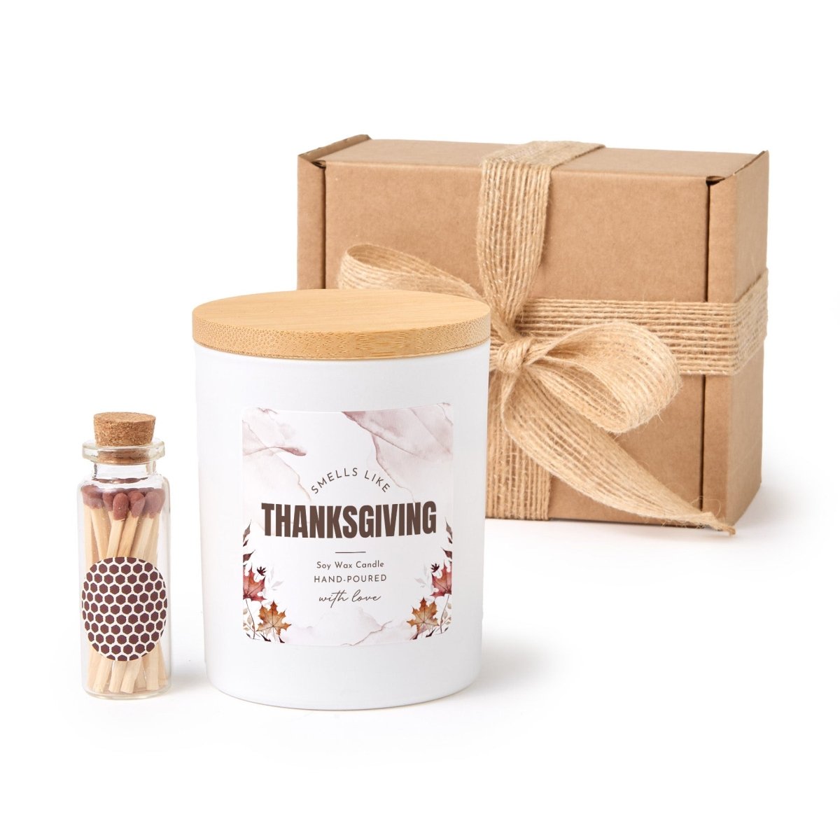 Thanksgiving Soy Wax Candle, “Smells Like Thanksgiving” Fall Hostess Gift with Gift Box and Wooden Matches