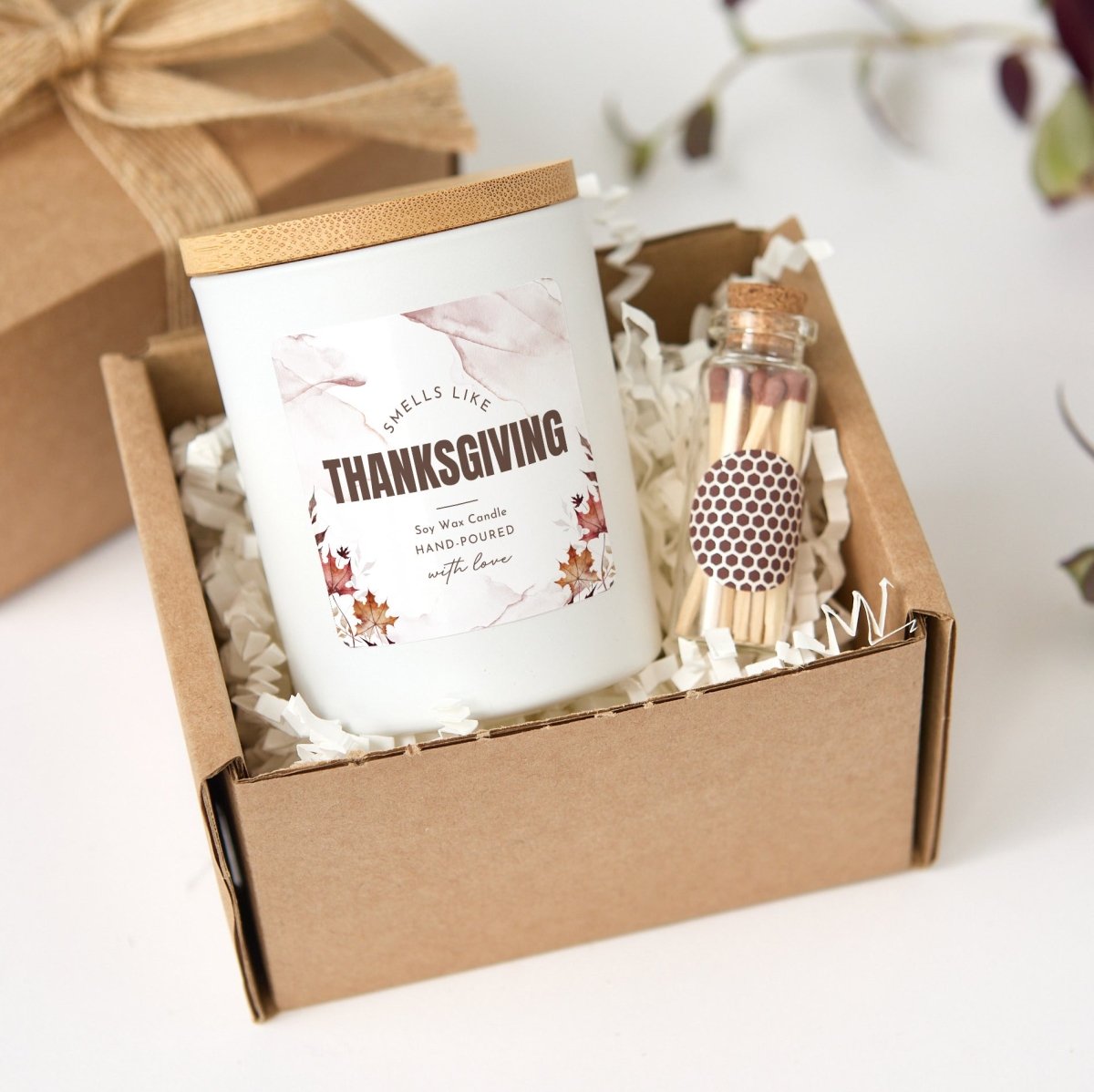 Thanksgiving Soy Wax Candle, “Smells Like Thanksgiving” Fall Hostess Gift with Gift Box and Wooden Matches