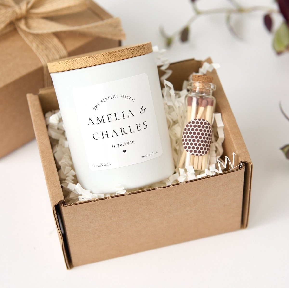 The Perfect Match Wedding Candle, Personalized Couple Names Gift, Custom Bridal Favor With Box And Matches