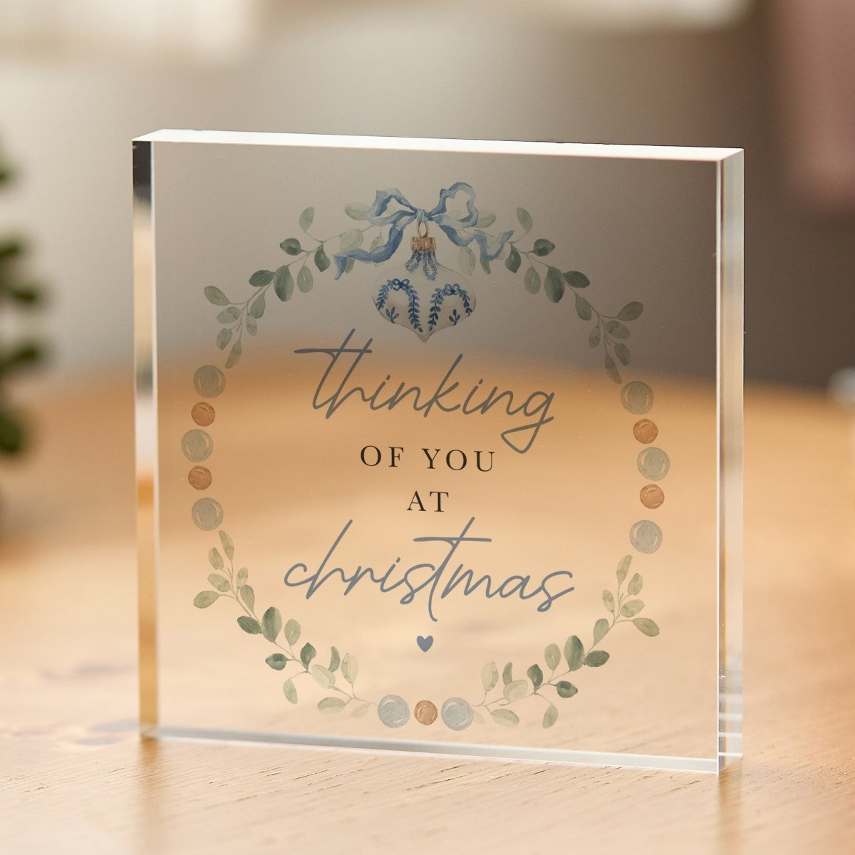 Thinking of You at Christmas Acrylic Plaque, Blue Ornament and Greenery Holiday Keepsake, Winter Decor Gift