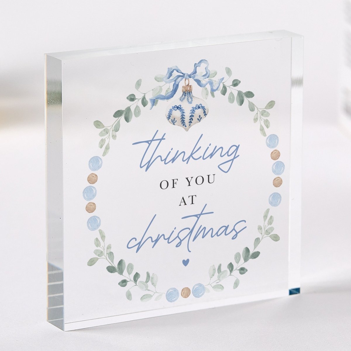 Thinking of You at Christmas Acrylic Plaque, Blue Ornament and Greenery Holiday Keepsake, Winter Decor Gift