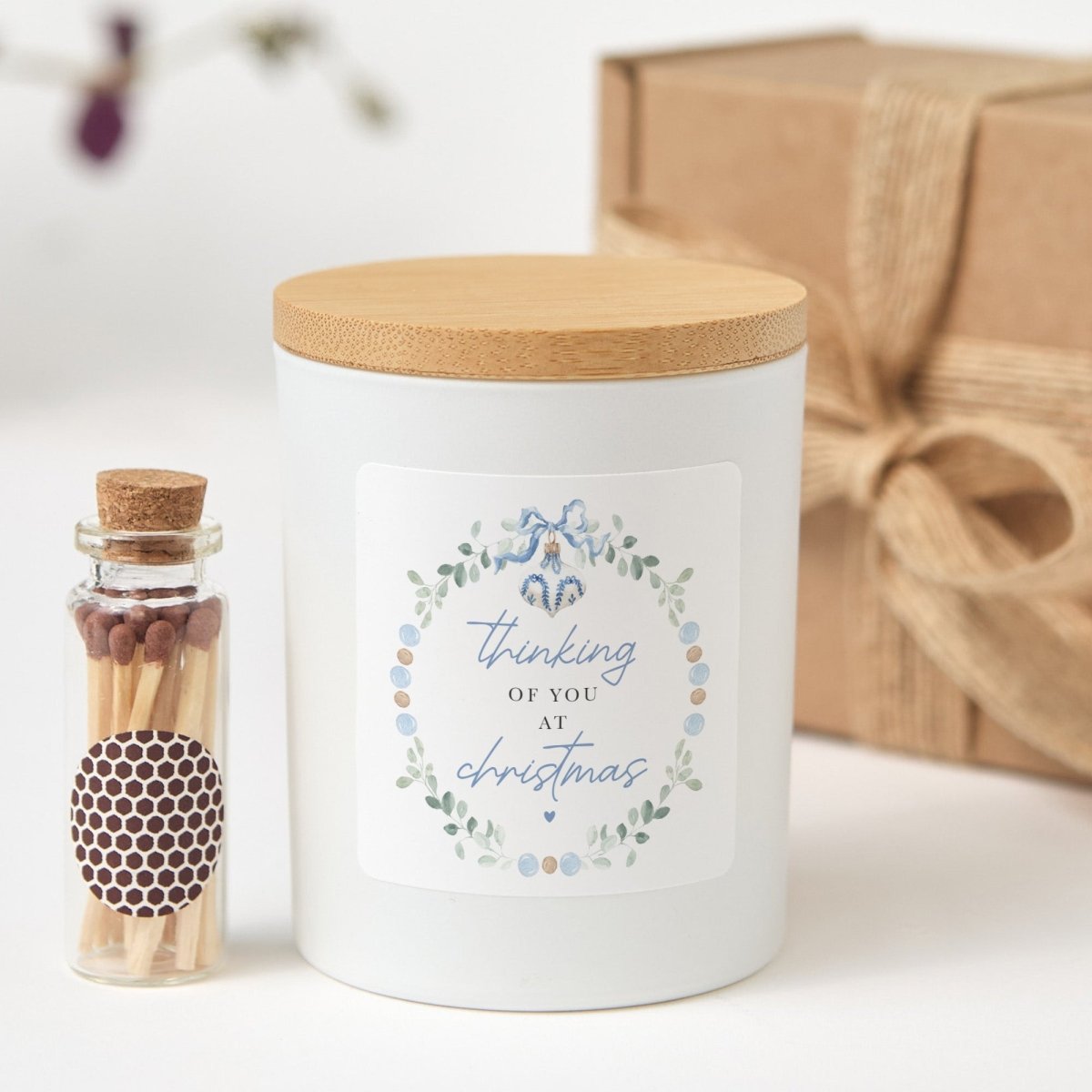 Thinking of You at Christmas Candle, Holiday Support Gift in Black Jar with Bamboo Lid and Mini Matches