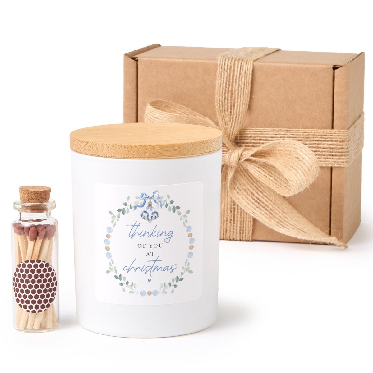 Thinking of You at Christmas Candle, Holiday Support Gift in Black Jar with Bamboo Lid and Mini Matches