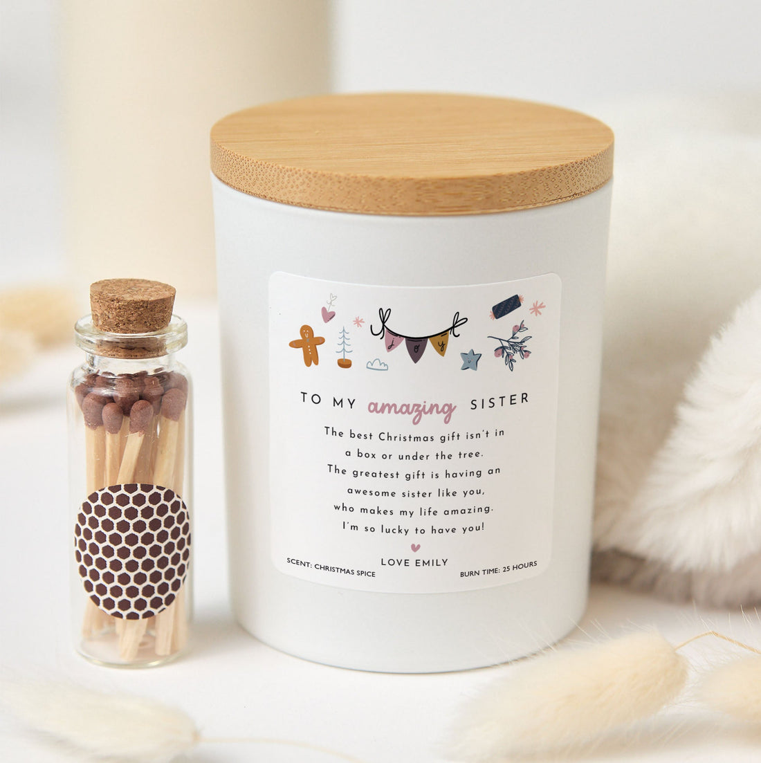 To My Amazing Sister Christmas Candle | Personalized Candle Gift for Sister with Gift Box and Mini Matches