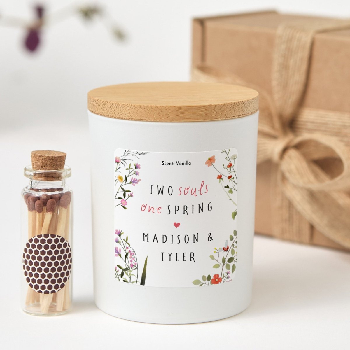 Two Souls One Spring Candle Gift, Personalized Couple Soy Candle for Wedding or Anniversary, Comes with Matches