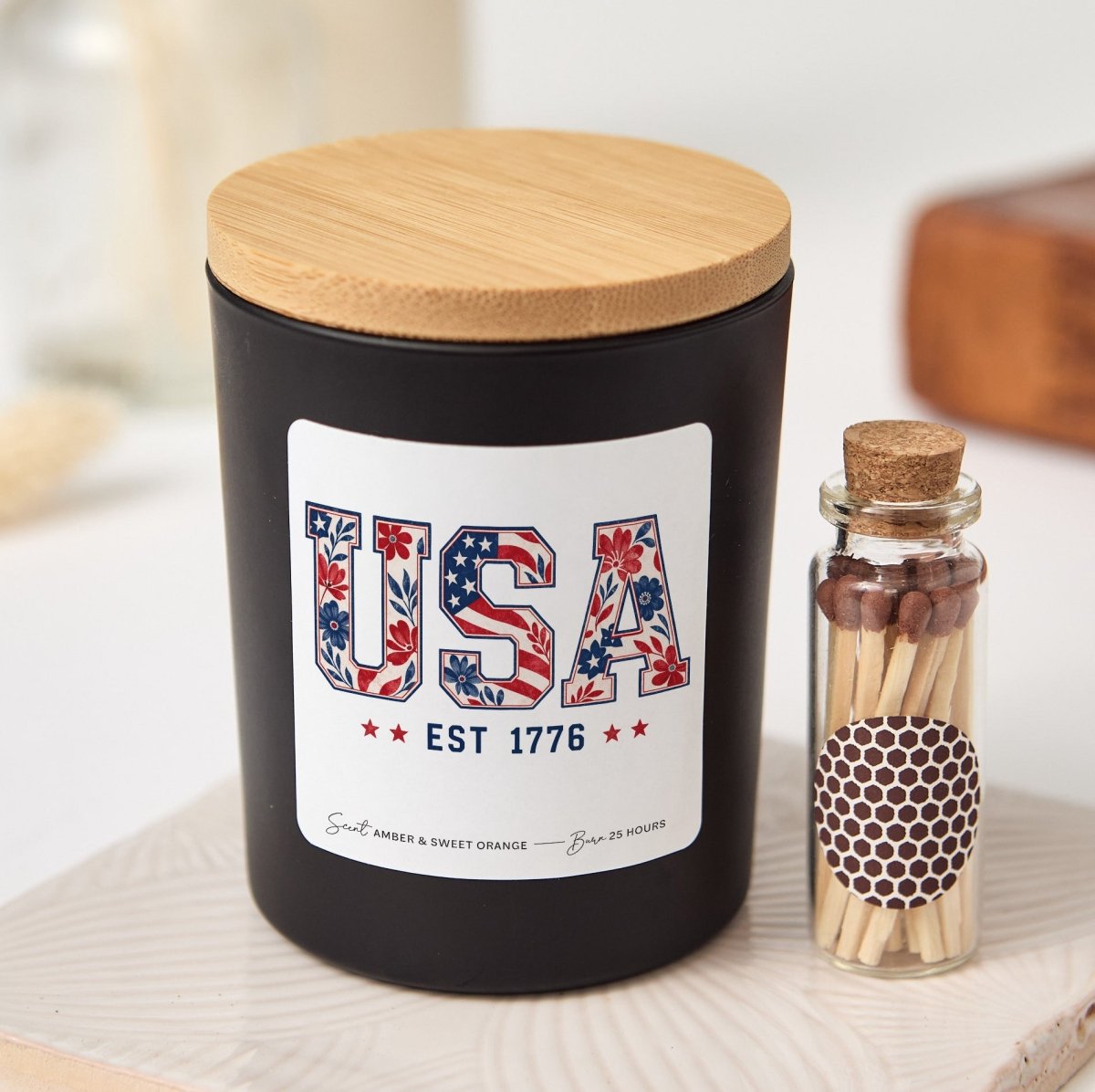 USA Est 1776 Candle, Patriotic Floral Gift, Fourth Of July Decor Present With Gift Box And Mini Wooden Matches
