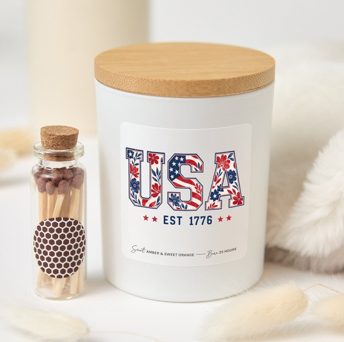 USA Est 1776 Candle, Patriotic Floral Gift, Fourth Of July Decor Present With Gift Box And Mini Wooden Matches